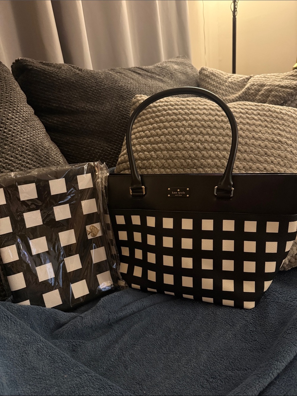 kate spade Black and White Check Tote with Matching Pouch